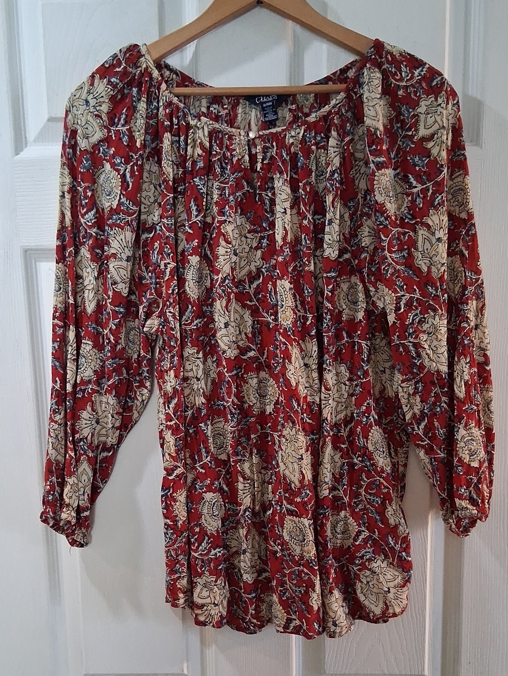 Chaps Red and Cream Floral Peasant Blouse